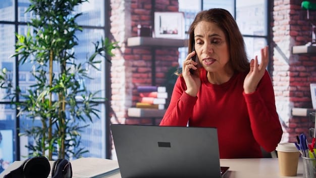 A frustrated customer on a video call with a customer service representative, discussing a billing issue. The customer is pointing at a document, while the representative is listening attentively with a headset. Focus on the expressions of both individuals.