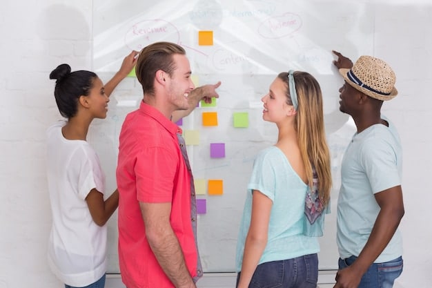 A collaborative team brainstorming ideas for proactive customer communication strategies, depicted with sticky notes, whiteboards, and diverse team members actively participating. The atmosphere should be creative and energetic, symbolizing effective problem-solving and customer-focused thinking.