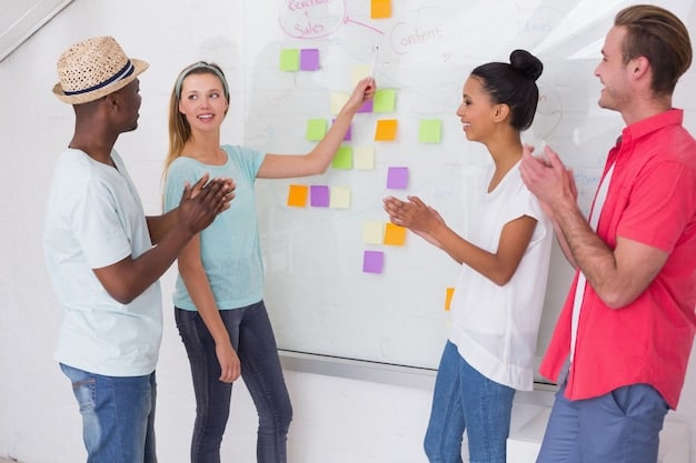 A team participating in a brainstorming session, using sticky notes on a whiteboard to generate ideas for improving the customer journey. The focus is on developing solutions for identified pain points.