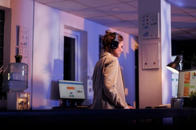 A futuristic office environment showing customer service representatives working alongside holographic AI chatbots. The scene is brightly lit with data visualizations overlaying the physical space, indicating seamless technology integration.
