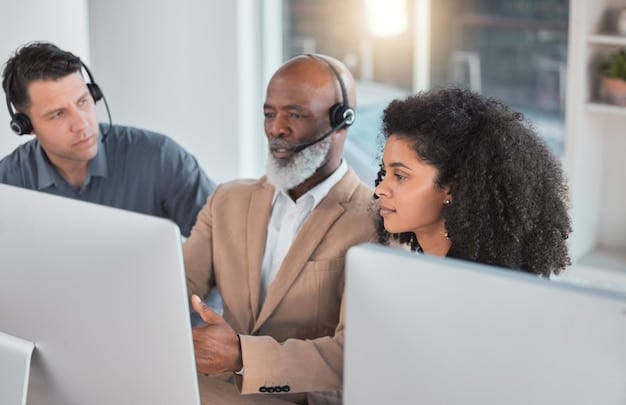 A diverse group of customer service representatives working in a modern office, each wearing headsets and interacting with multiple screens displaying social media feeds and customer messages. The scene conveys a sense of efficiency and proactive customer engagement.