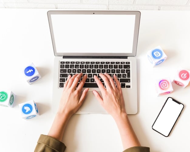 A close-up of hands typing on a laptop with social media icons in the background, emphasizing the human touch in digital customer service interactions. A warm filter is applied to the image, symbolizing empathy and care.