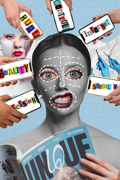 A collage of screenshots showing various social media profiles of a fictional company named 