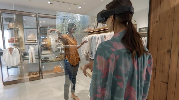 A person wearing a VR headset experiencing a virtual tour of a store, illustrating the potential of immersive experiences in retail.