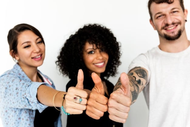 A diverse group of customers giving thumbs up and smiling, with a company logo subtly displayed in the background, representing a strong sense of brand loyalty and satisfaction.