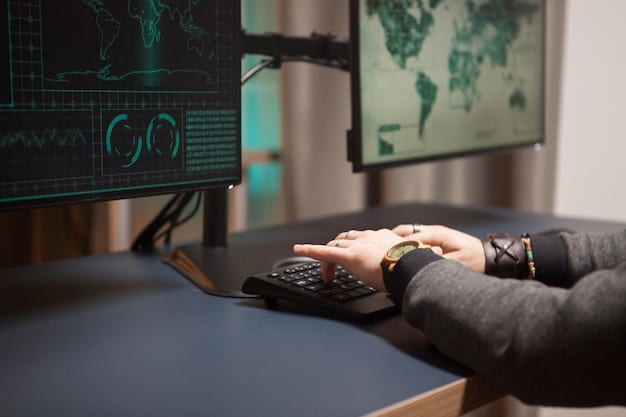 A security professional at a desk, analyzing a computer screen displaying lines of code and security metrics. A holographic shield protects the screen, visualizing data security.