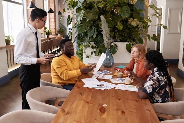 A diverse group of team members collaborating around a table in a brightly lit office, reviewing customer data and discussing e-commerce strategies. Laptops and tablets are visible, displaying analytics dashboards and customer feedback forms.