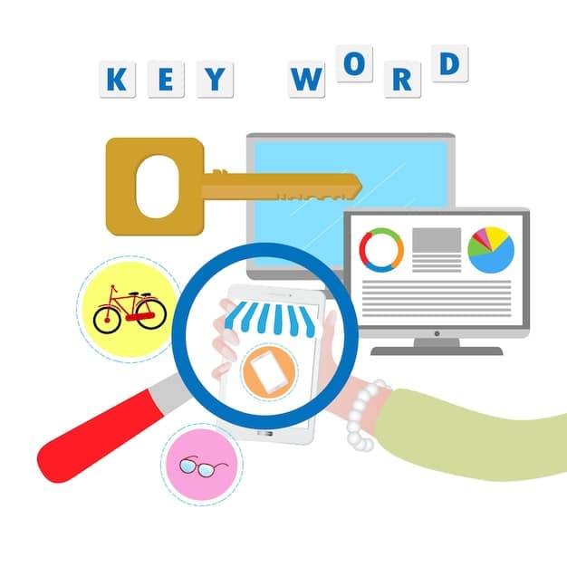 A visual representation of keyword research using various tools, such as Google Keyword Planner and SEMrush, displaying the process of identifying high-volume, low-competition keywords relevant to an e-commerce store.