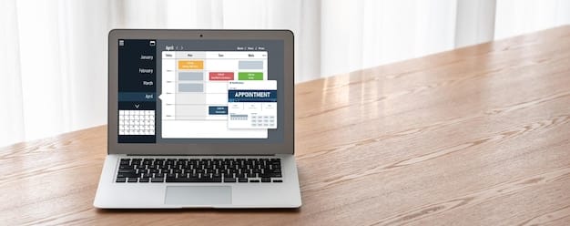 A laptop displaying a content calendar filled with various content types (blog posts, videos, social media updates). The calendar emphasizes a consistent posting schedule and alignment with marketing campaigns. The background features post-it notes with audience personas and key message points.