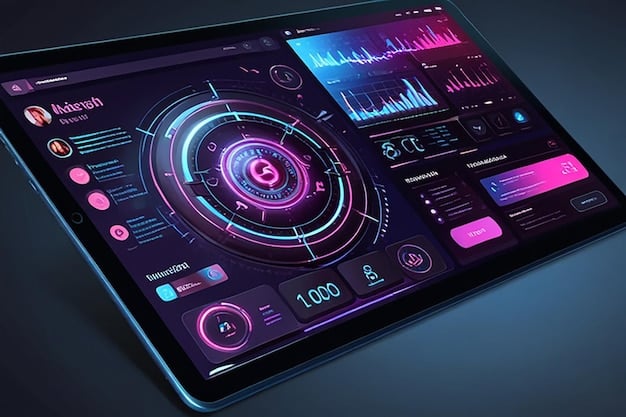 A futuristic dashboard interface displaying real-time data analytics and AI-driven insights for e-commerce social media advertising. The dashboard features graphs, charts, and heatmaps, highlighting key performance indicators (KPIs) such as click-through rates, conversion rates, and return on ad spend (ROAS). The overall aesthetic is clean and modern, with a focus on data visualization and predictive analytics applied to E-commerce Social Media Advertising: Reaching Your Target Audience on Social Media in 2025.