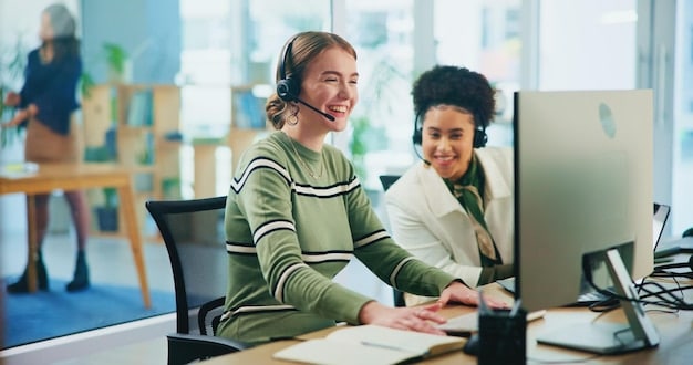 A customer service representative smiling and assisting a customer on a computer, symbolizing excellent customer support and dispute resolution. The background shows a clean and modern office environment.
