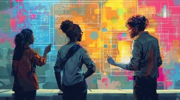 A diverse team of developers and designers collaborating around a large screen displaying wireframes and code, with one team member signing, representing inclusive design and development.