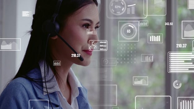 A close-up of a customer service agent using an AI-powered dashboard with real-time customer data and suggested responses. The agent is smiling and engaged, showcasing the positive impact of AI on their productivity and job satisfaction.