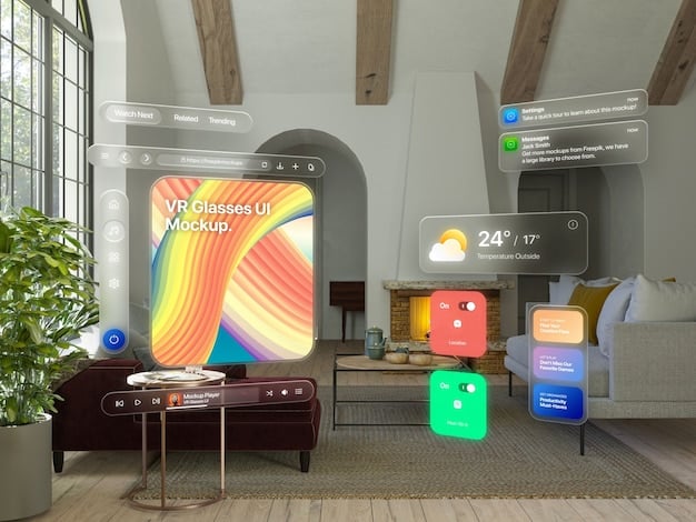 An AR interface overlaid on a living room scene, showcasing how customers can visualize furniture in their home before buying. The overlay displays product details and customization options.