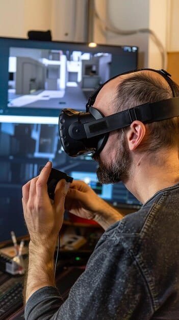 A technician using AR glasses to guide them through a complex repair procedure on machinery, with digital schematics and instructions overlaid on their view.
