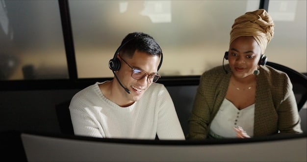 A close-up shot of a customer service representative listening attentively to a customer over the phone, showcasing active listening and empathetic body language. The focus is on the representative's expression of understanding and concern.  The image represents 'The Power of Empathy in Customer Service: How to Train Your Team to Connect with Customers on a Deeper Level' by showing active listening.