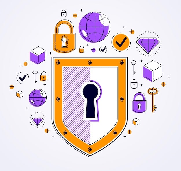 A graphic illustration depicting a shield with a lock icon inside, surrounded by multiple data points and connection lines, representing data protection and network security in the context of e-commerce. The words