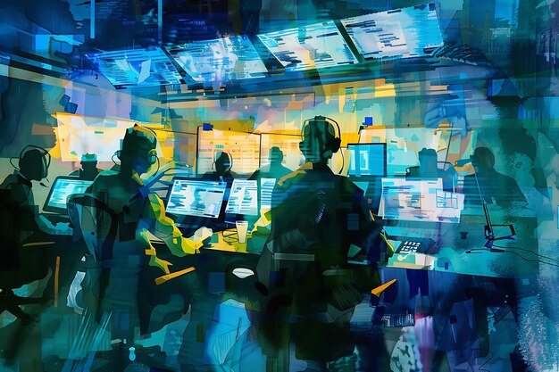 A conceptual image showing a team of cybersecurity professionals working on computer screens with complex code, highlighting incident response and data recovery strategies related to e-commerce breaches.