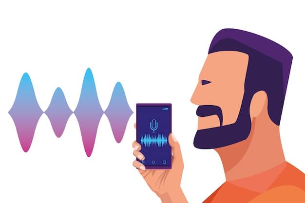 A person holding a smartphone and speaking into it, with a visual representation of voice waves emanating from the phone. The background shows a blurred e-commerce website interface, symbolizing the integration of voice search and shopping on mobile devices. The image suggests the increasing importance of voice commerce as part of E-commerce Platform Updates: Stay Ahead of the Curve with These 3 Essential 2025 Changes.