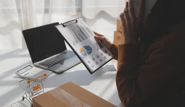 A close-up view of a data analyst reviewing a detailed report on e-commerce sales trends. The analyst is pointing to a specific data point on the graph, highlighting the importance of thorough data analysis for improving sales performance. In the background, a team is collaborating on a marketing strategy based on the insights from the report, emphasizing the impact of E-commerce Platform Analytics: Track Key Metrics and Improve Your US Sales by 10%.