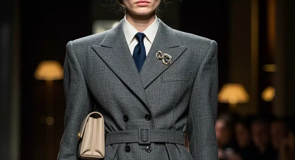 Model in 1940s-inspired suit, blending classic tailoring with modern accessories.