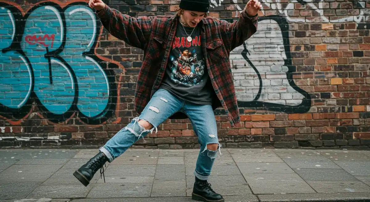 Youthful individual in 1990s grunge outfit, showcasing plaid, distressed denim, and combat boots.