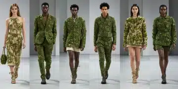 Models showcasing 2025 fashion trends on a runway, featuring tailored suits, green hues, and textured fabrics, symbolizing runway to reality adaptation.
