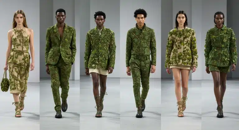 Models showcasing 2025 fashion trends on a runway, featuring tailored suits, green hues, and textured fabrics, symbolizing runway to reality adaptation.