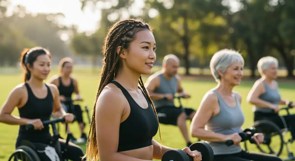 Diverse group engaging in an adaptive outdoor fitness class, highlighting personalized exercise