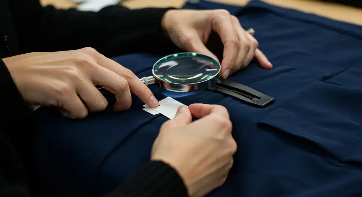 Person authenticating designer garment for resale market.