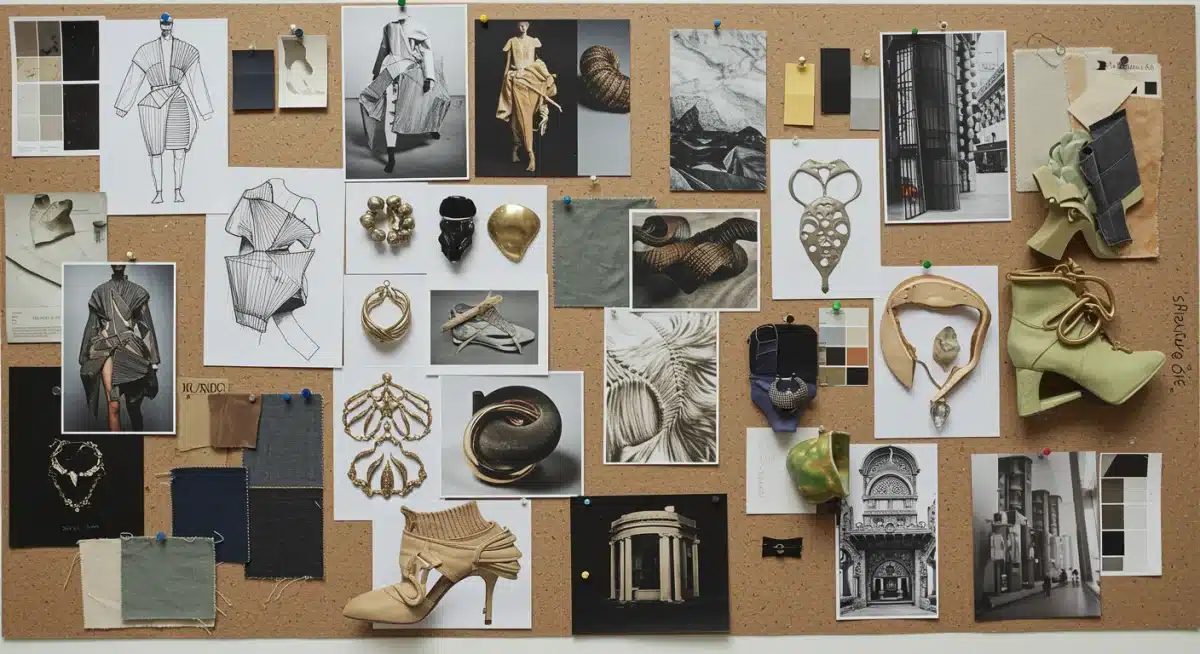 Avant-garde fashion mood board with sketches and fabric swatches