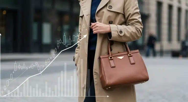 Woman in classic trench coat with luxury handbag, representing high-value fashion investments.
