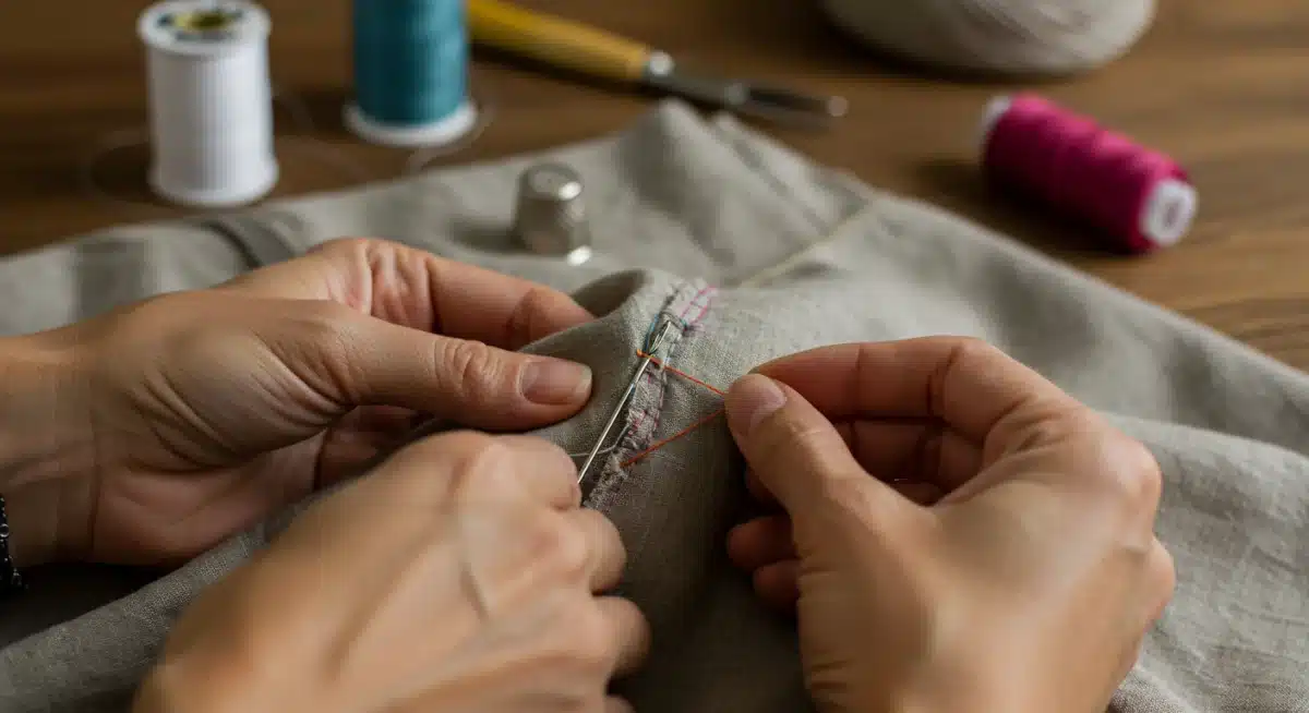 Hands mending a garment with colorful thread, symbolizing repair, longevity, and sustainable clothing care.