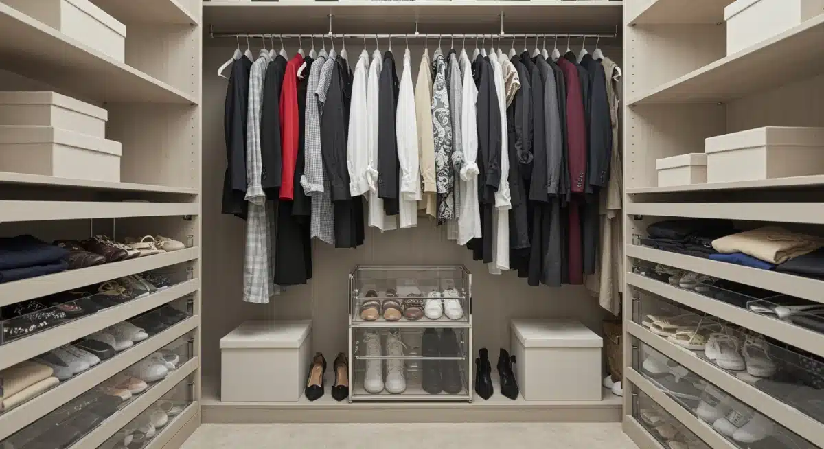 Organized walk-in closet with curated, high-quality investment wardrobe items.