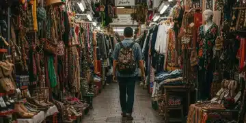 Stylish person exploring an eclectic market for unique fashion