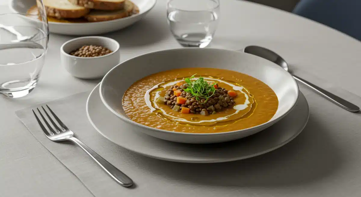 Elegant bowl of vegan lentil soup with fresh herbs on a modern dining table.