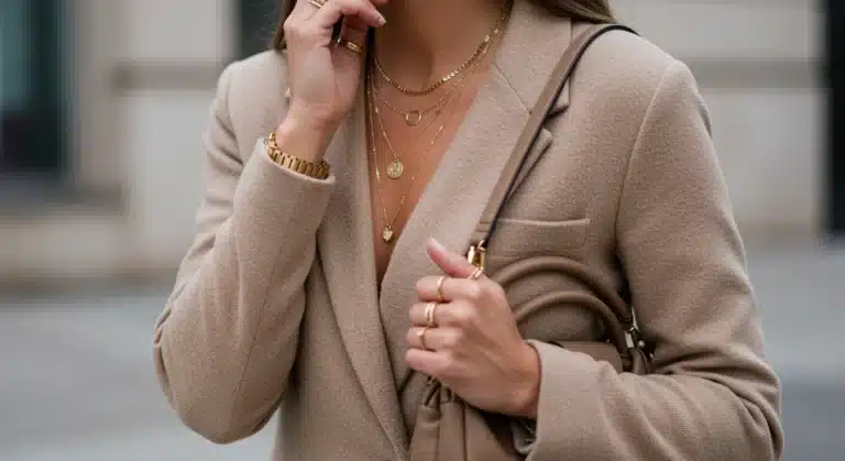 Woman showcasing elevated accessorizing with gold jewelry and structured handbag