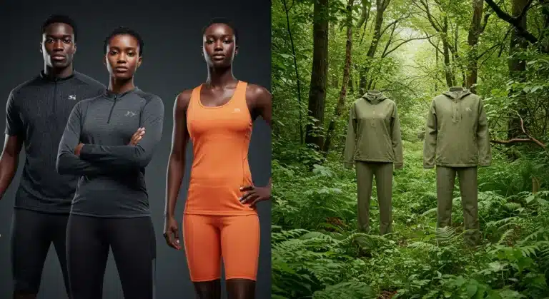 Split image comparing high-performance technical fabrics and sustainable, eco-friendly textiles for 2025 innovations.