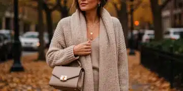 Stylish woman wearing oversized scarf and structured bag, showcasing Fall Winter 2025 accessories