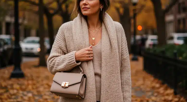 Stylish woman wearing oversized scarf and structured bag, showcasing Fall Winter 2025 accessories