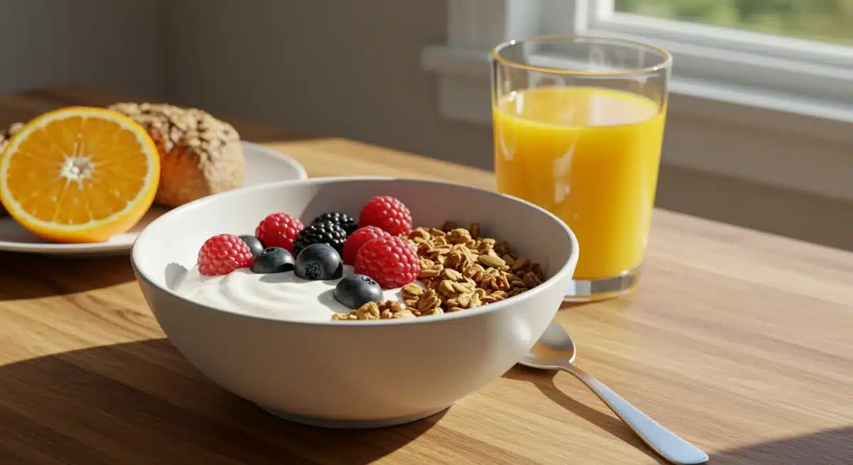 Close-up of a vibrant, healthy breakfast with berries, yogurt, and orange juice.