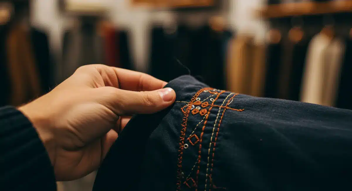 Hand examining high-quality stitching on vintage garment