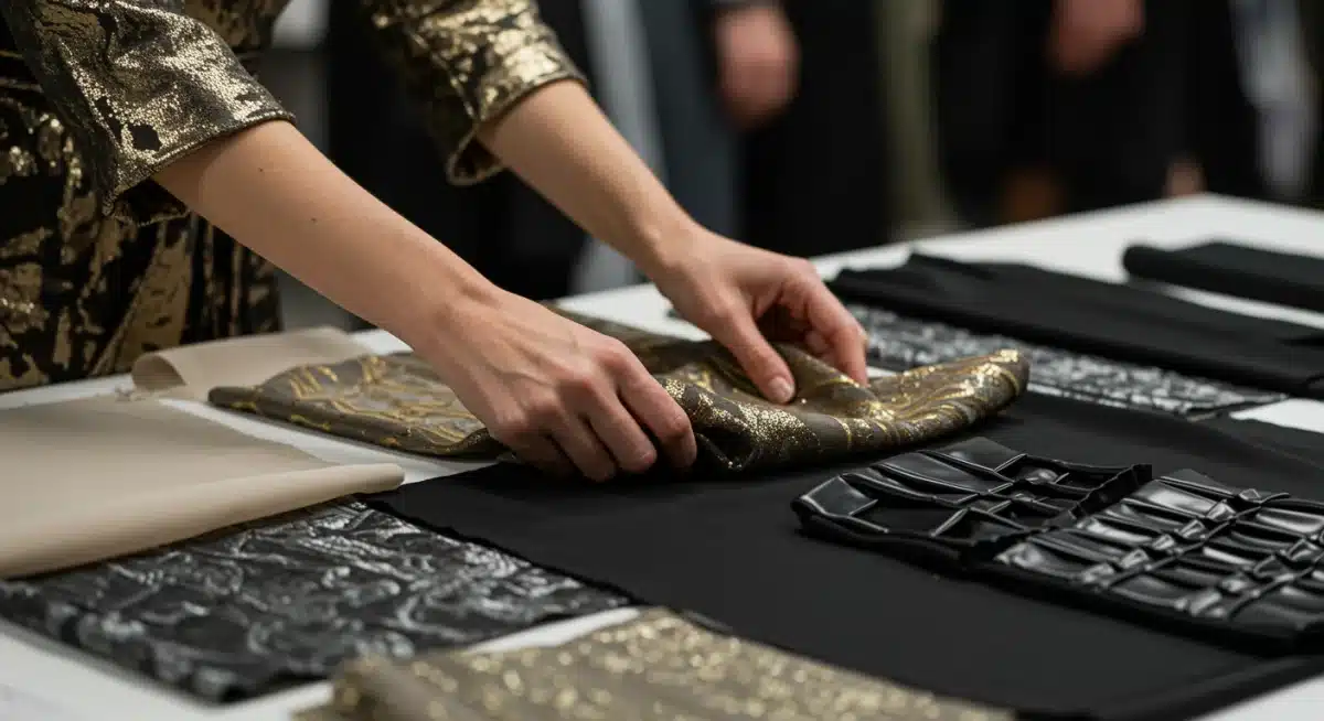 Hands selecting innovative fabrics for avant-garde designs