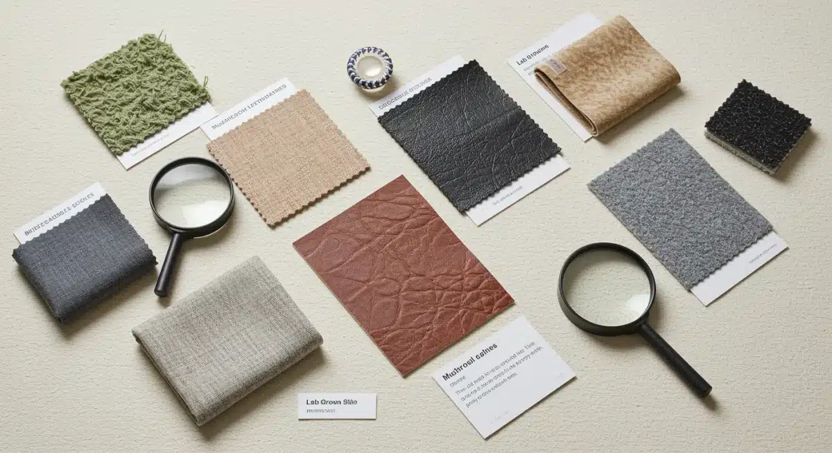 Collection of innovative sustainable textiles like mushroom leather and lab-grown silk, showcasing future material science.