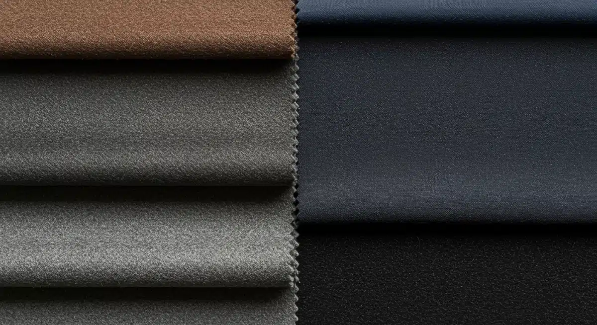 Close-up of luxurious fabric swatches like cashmere and silk, emphasizing material quality in fashion.