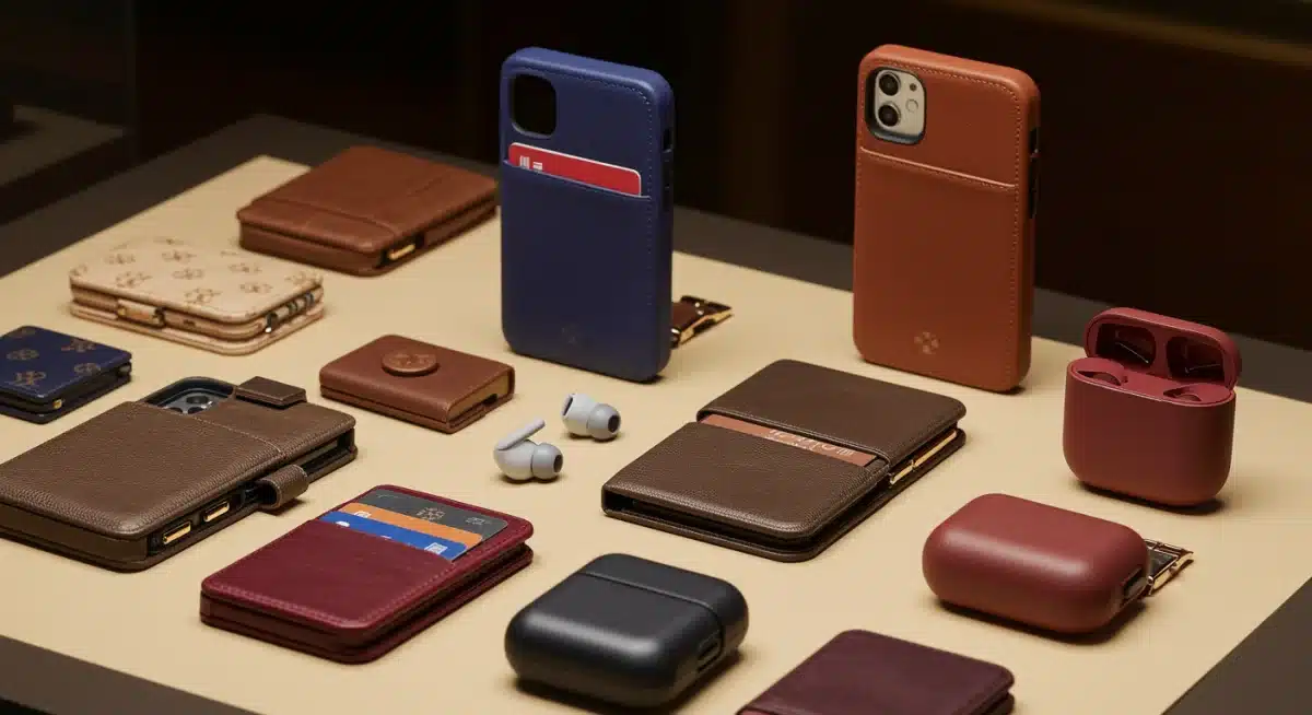 Collection of luxury tech accessories like phone cases and earbud cases in fall colors