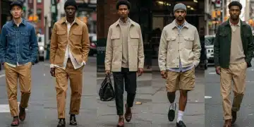 Men in diverse emerging menswear styles for Q1 2025, urban backdrop