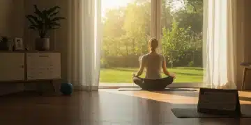 Person meditating in a calm US home, embracing mindful living by March 2025.
