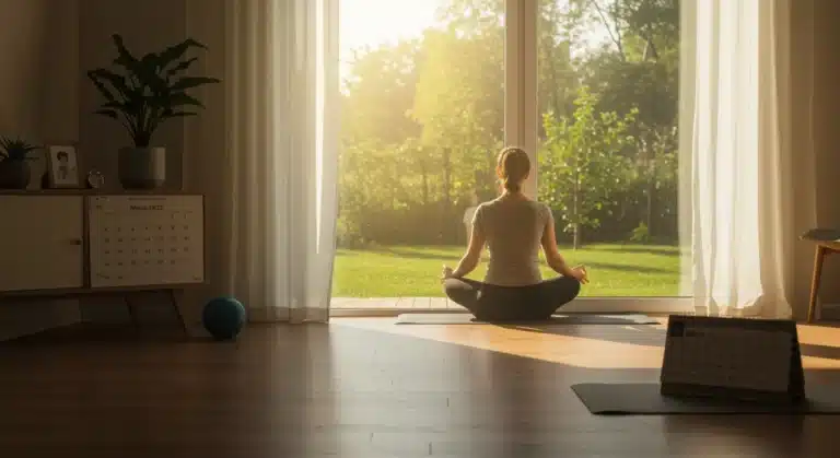 Person meditating in a calm US home, embracing mindful living by March 2025.