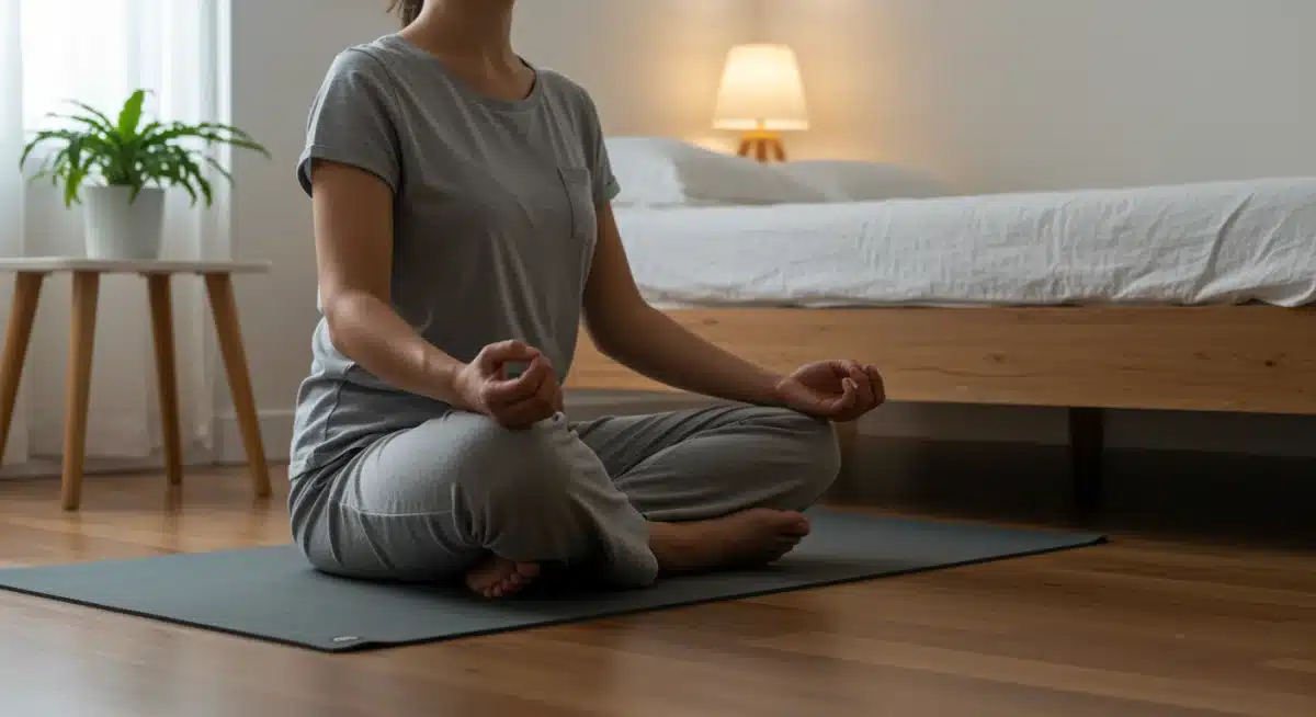Person meditating peacefully in a calm bedroom, embracing mindfulness.